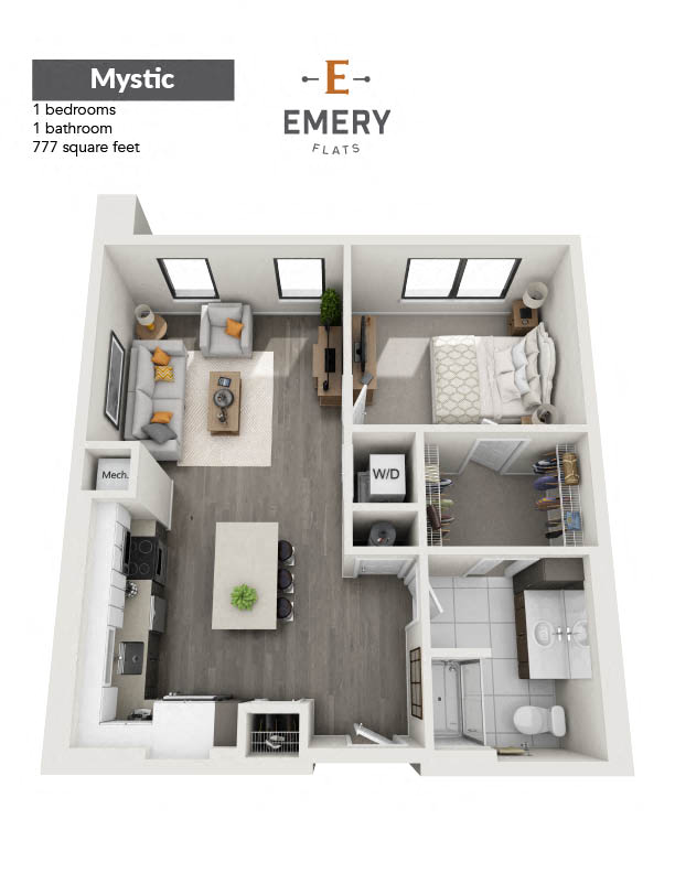 Floor plan for 1 bed, 1 bath, 760 sqft
